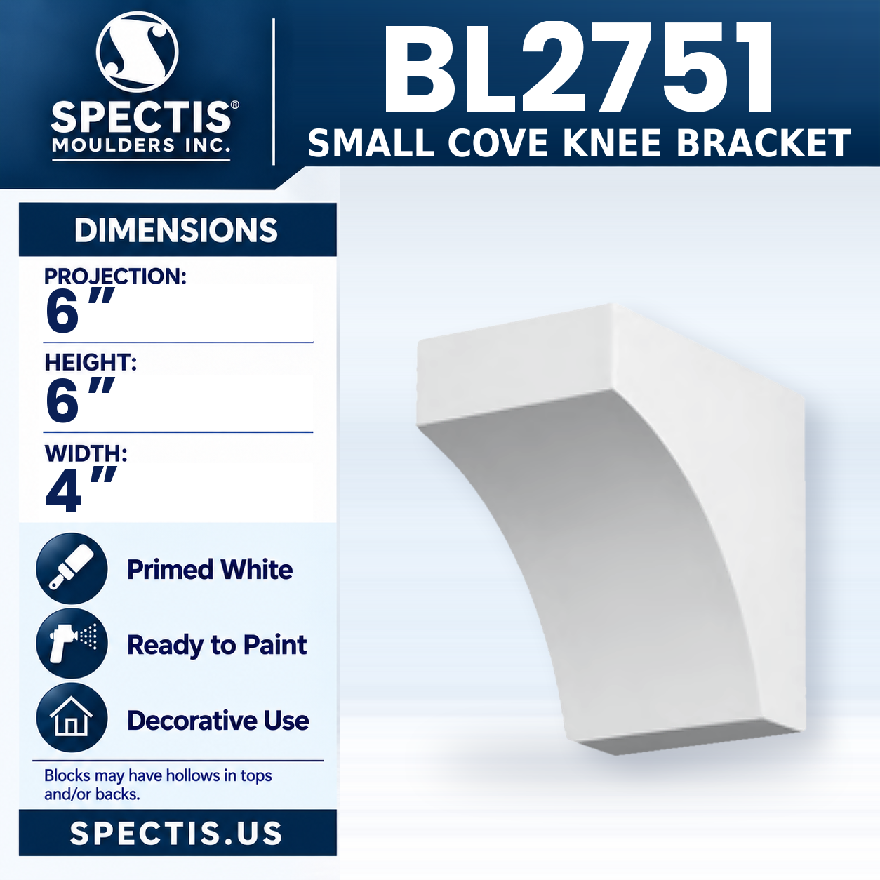 BL2751 Small Cove Knee Bracket 4"W x 6"H x 6"P