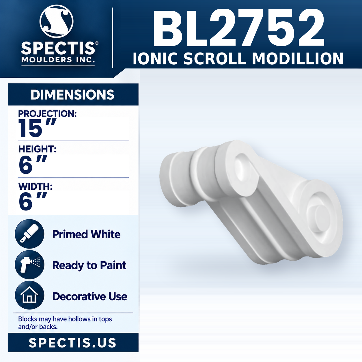 BL2752 Ionic Scroll Modillion 6"W x 6"H x 15"P