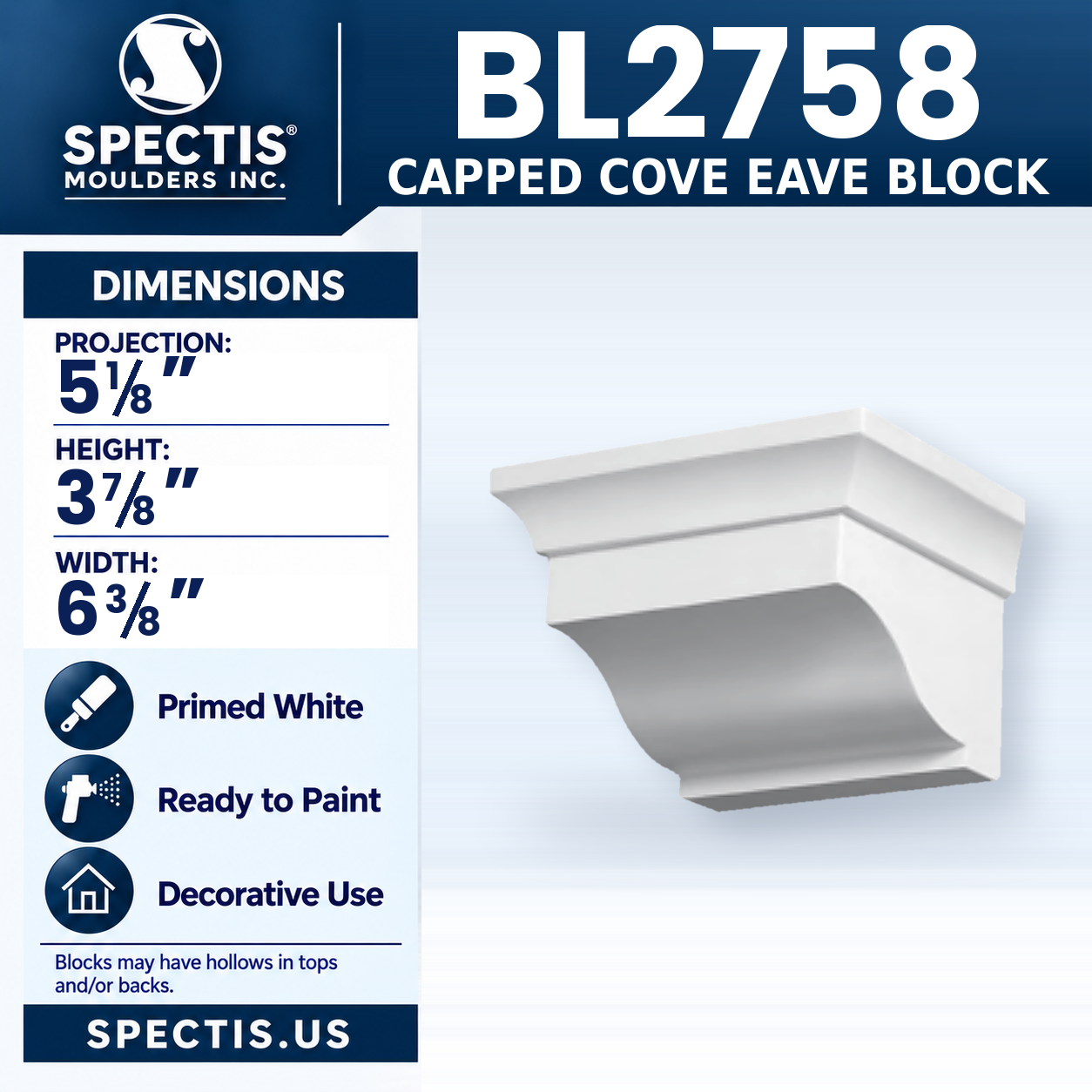 BL2758 Capped Cove Eave Block 6.375"W x 3.875"H x 5.125"P