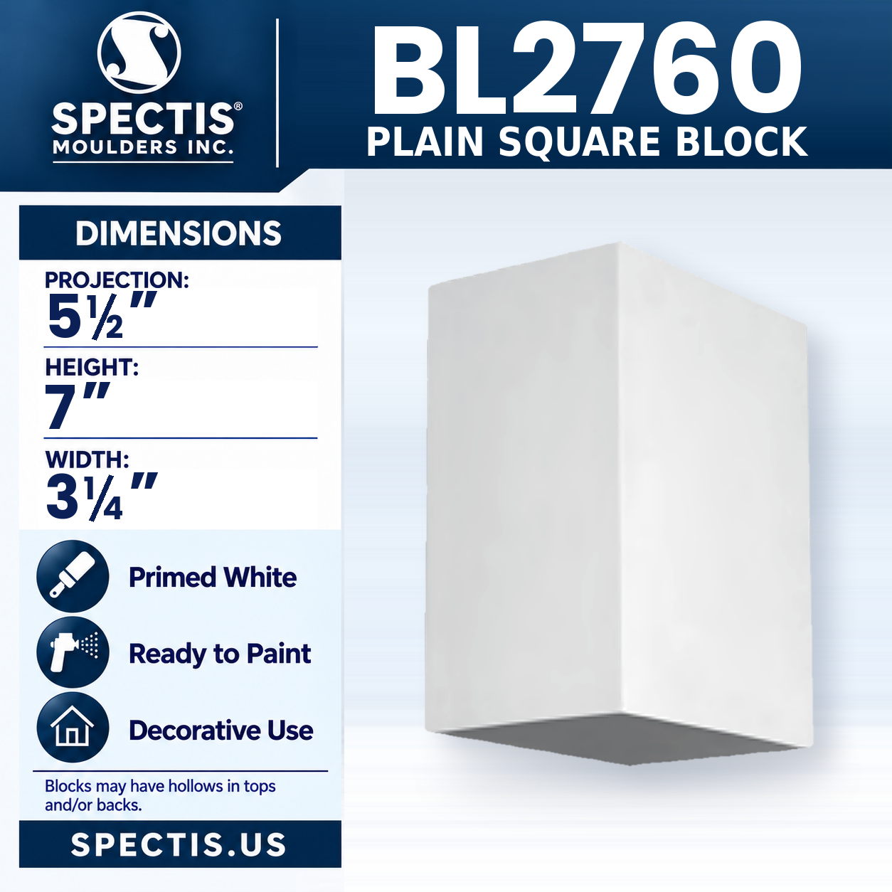 BL2760 Plain Square Block 3.25"W x 7"H x 5.5"P