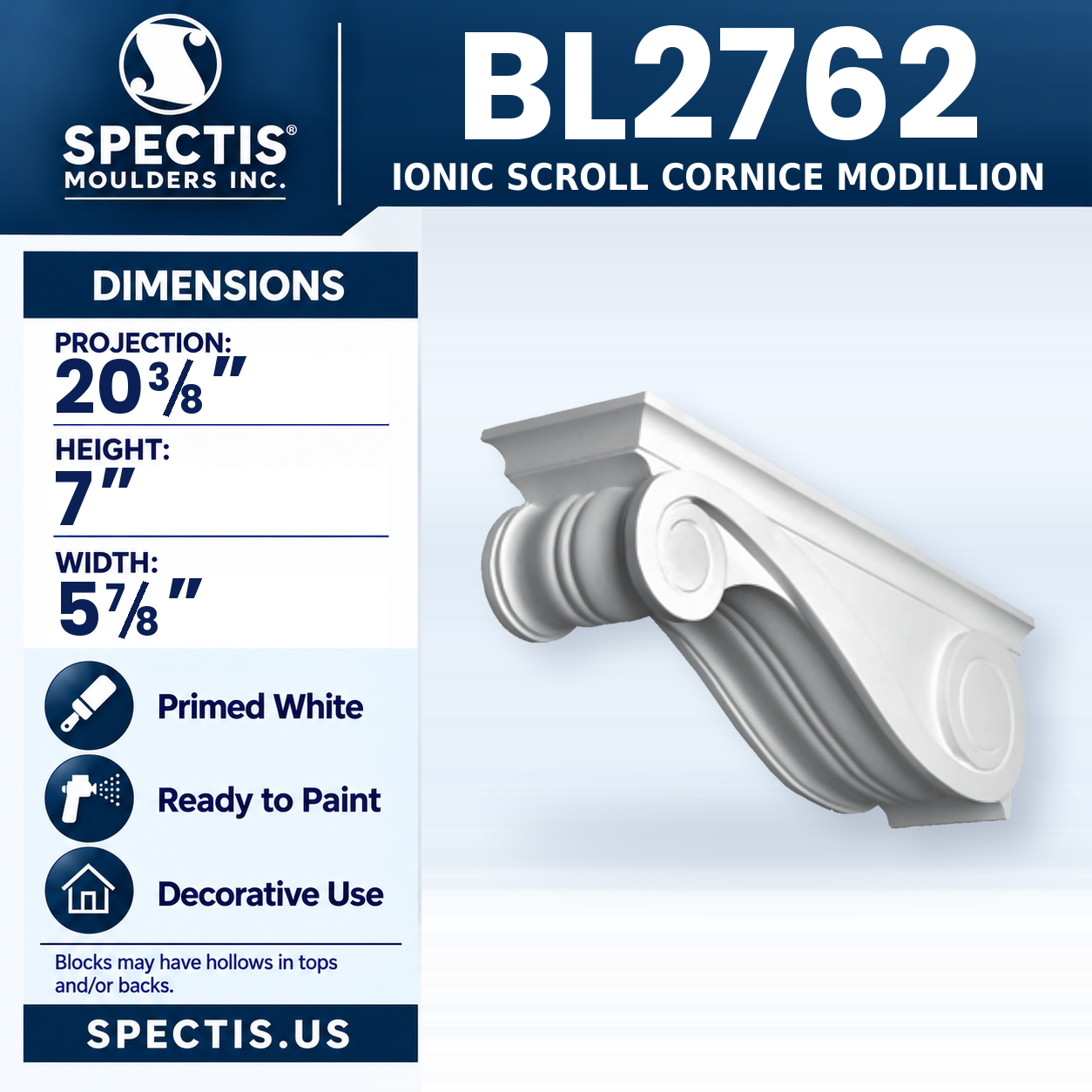 BL2762 Ionic Scroll Cornice Modillion 5.875"W x 7"H x 20.375"P