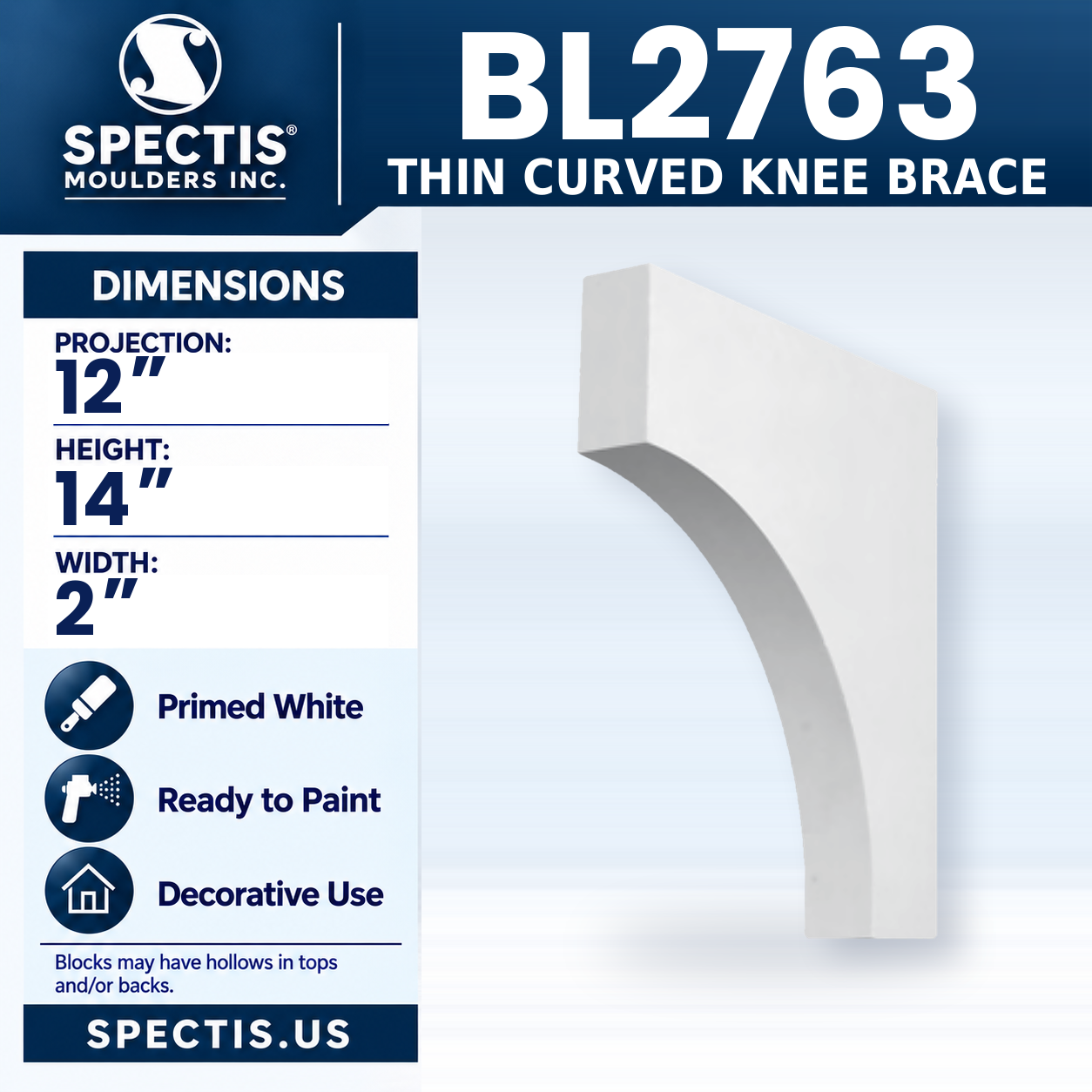 BL2763 Thin Curved Knee Brace 2"W x 14"H x 12"P