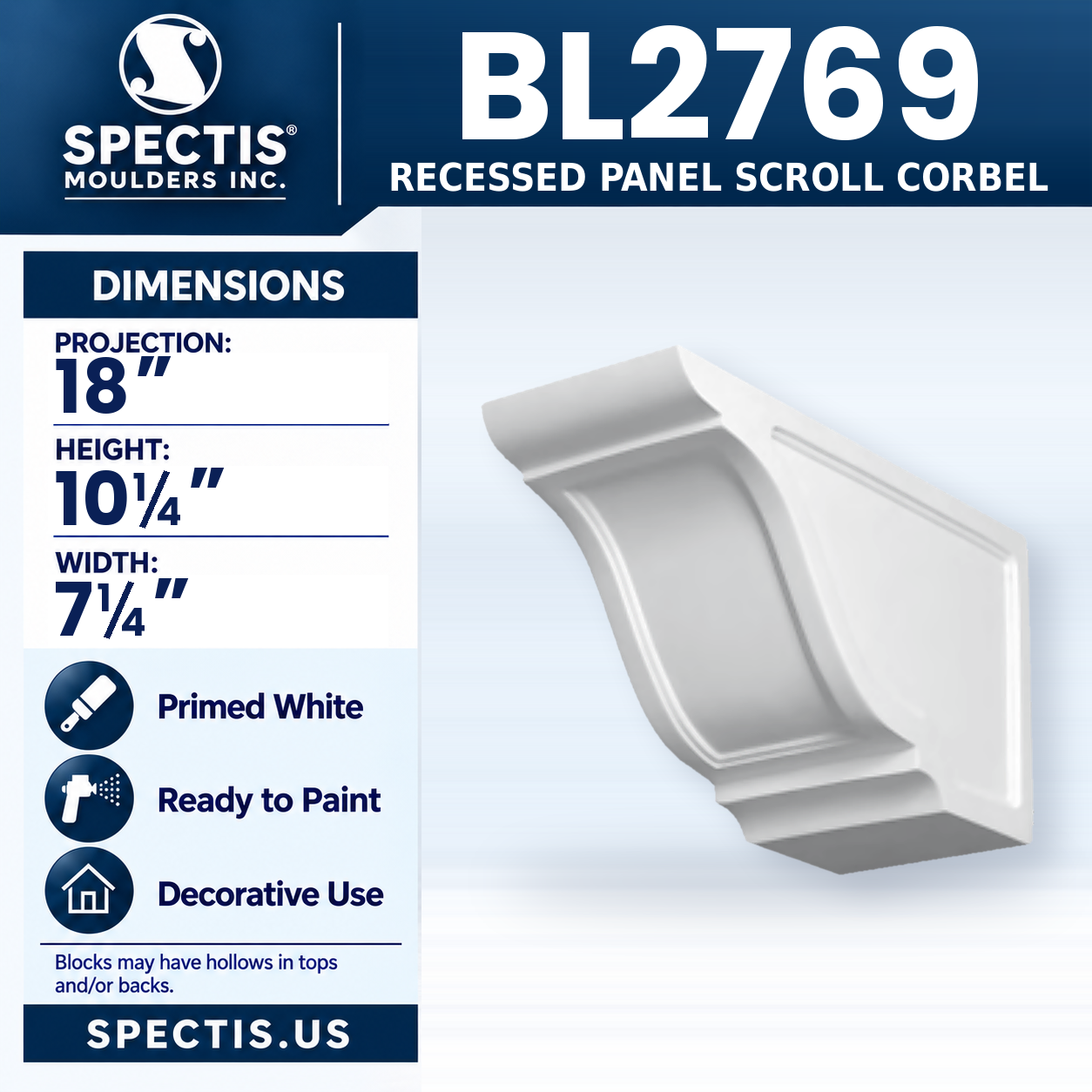 BL2769 Recessed Panel Scroll Corbel 7.25"W x 10.25"H x 18"P