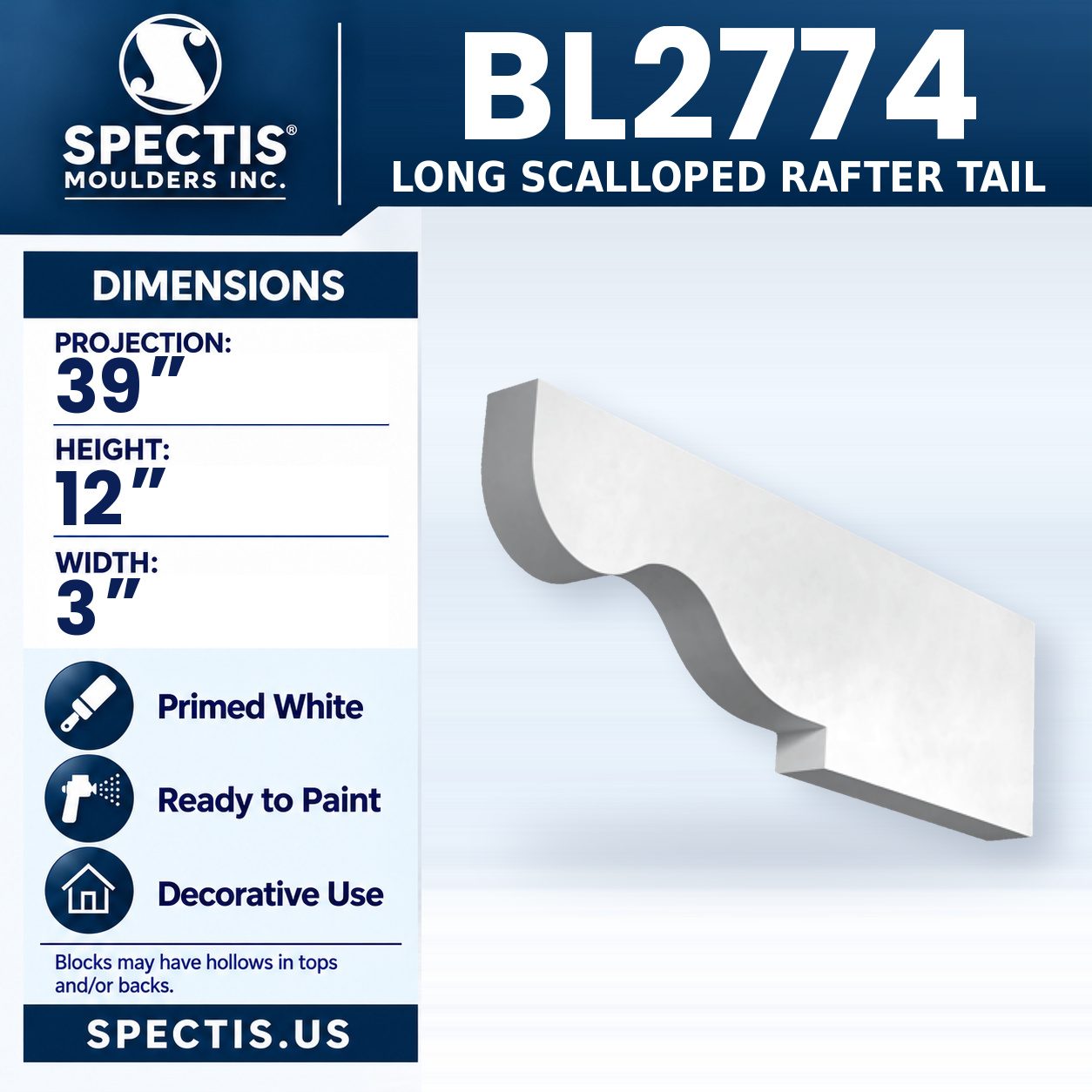 BL2774 Long Scalloped Rafter Tail 3"W x 12"H x 39"P