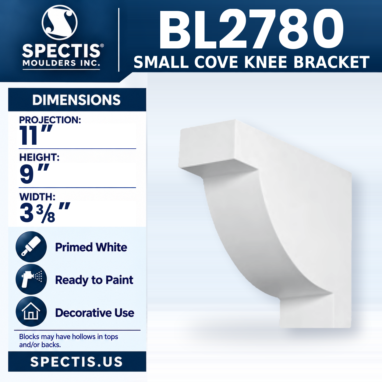 BL2780 Small Cove Knee Bracket 3.375"W x 9"H x 11"P
