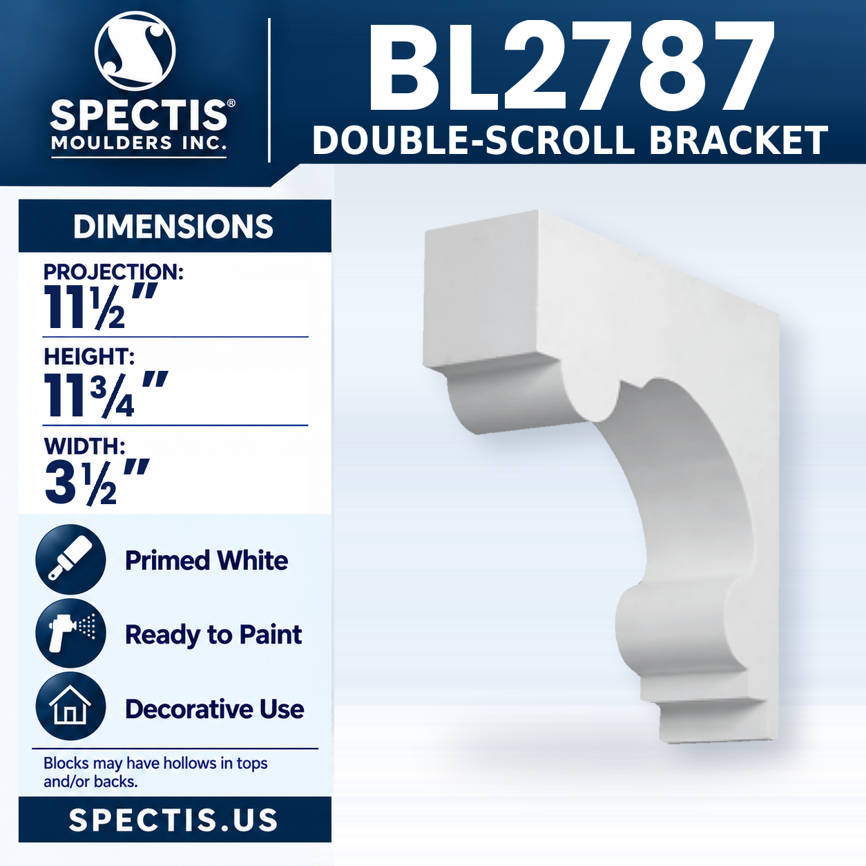 BL2787 Double-Scroll Bracket 3.5"W x 11.75"H x 11.5"P