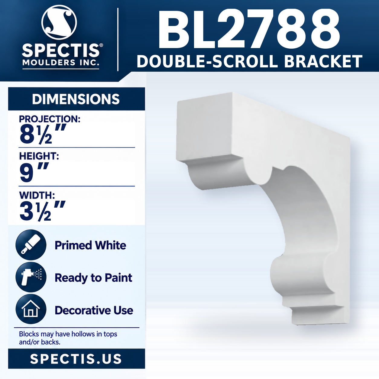 BL2788 Double-Scroll Bracket 3.5"W x 9"H x 8.5"P