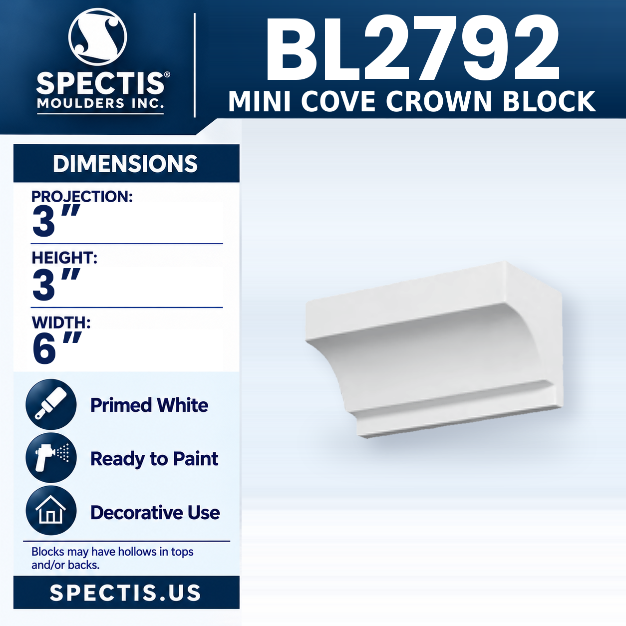 BL2792 Mini Cove Crown Block 6"W x 3"H x 3"P
