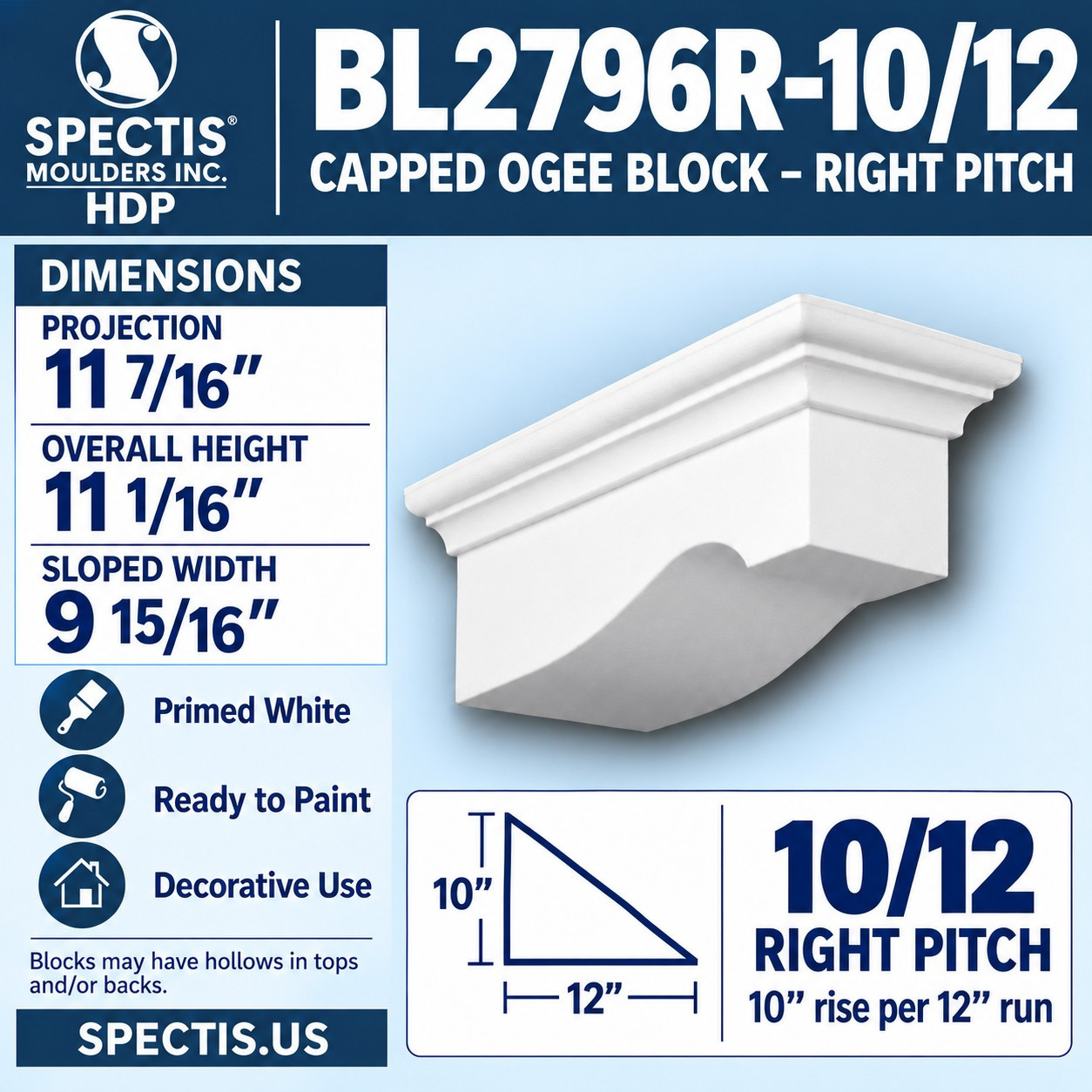 BL2796R-10/12 Capped Ogee Block – Right Pitch