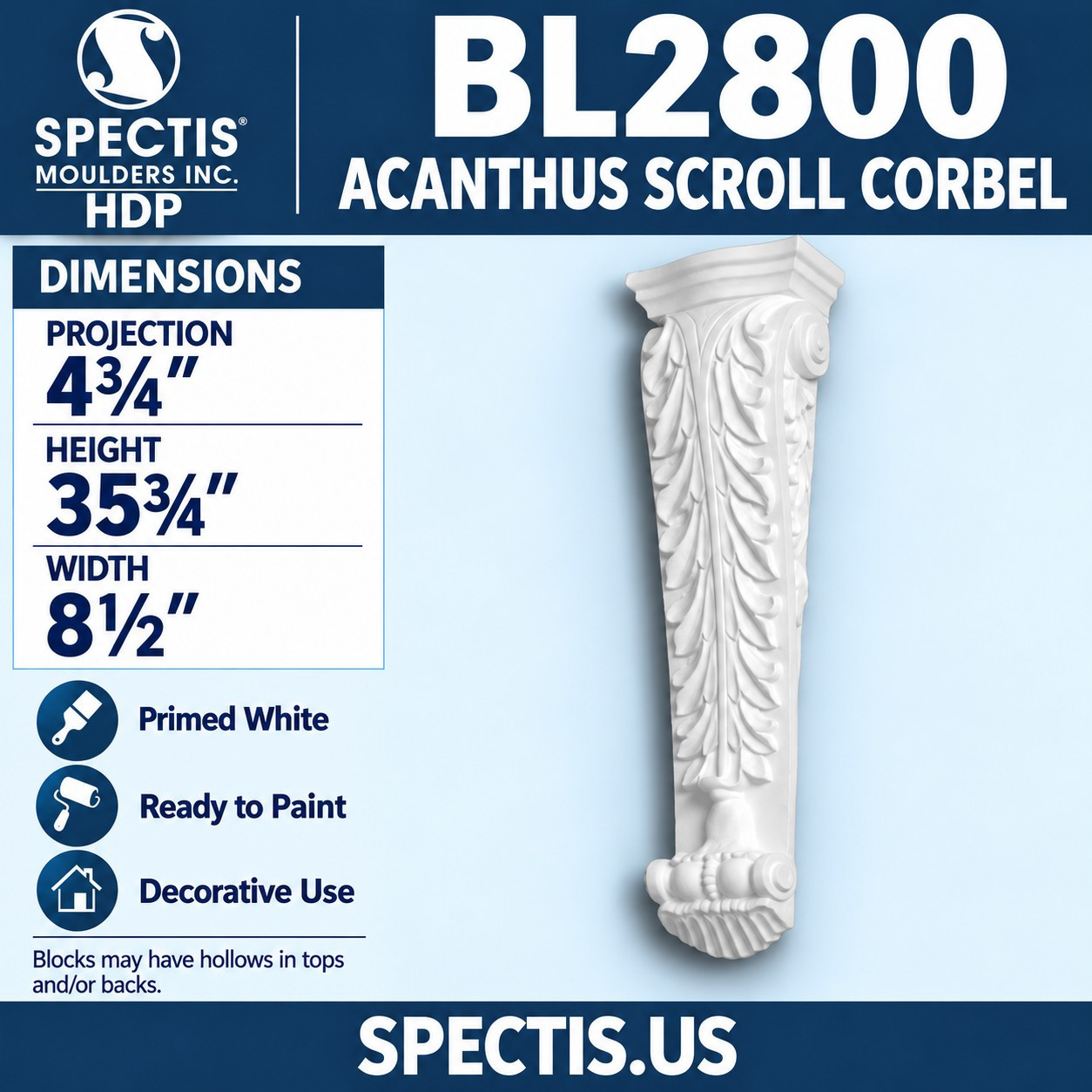 BL2800 Acanthus Scroll Corbel 8.5"W x 35.75"H x 4.75"P