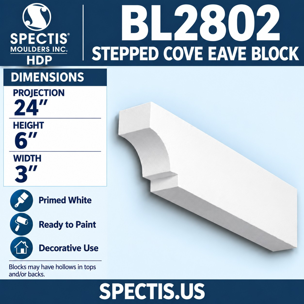 BL2802 Stepped Cove Eave Block 3"W x 6"H x 24"P