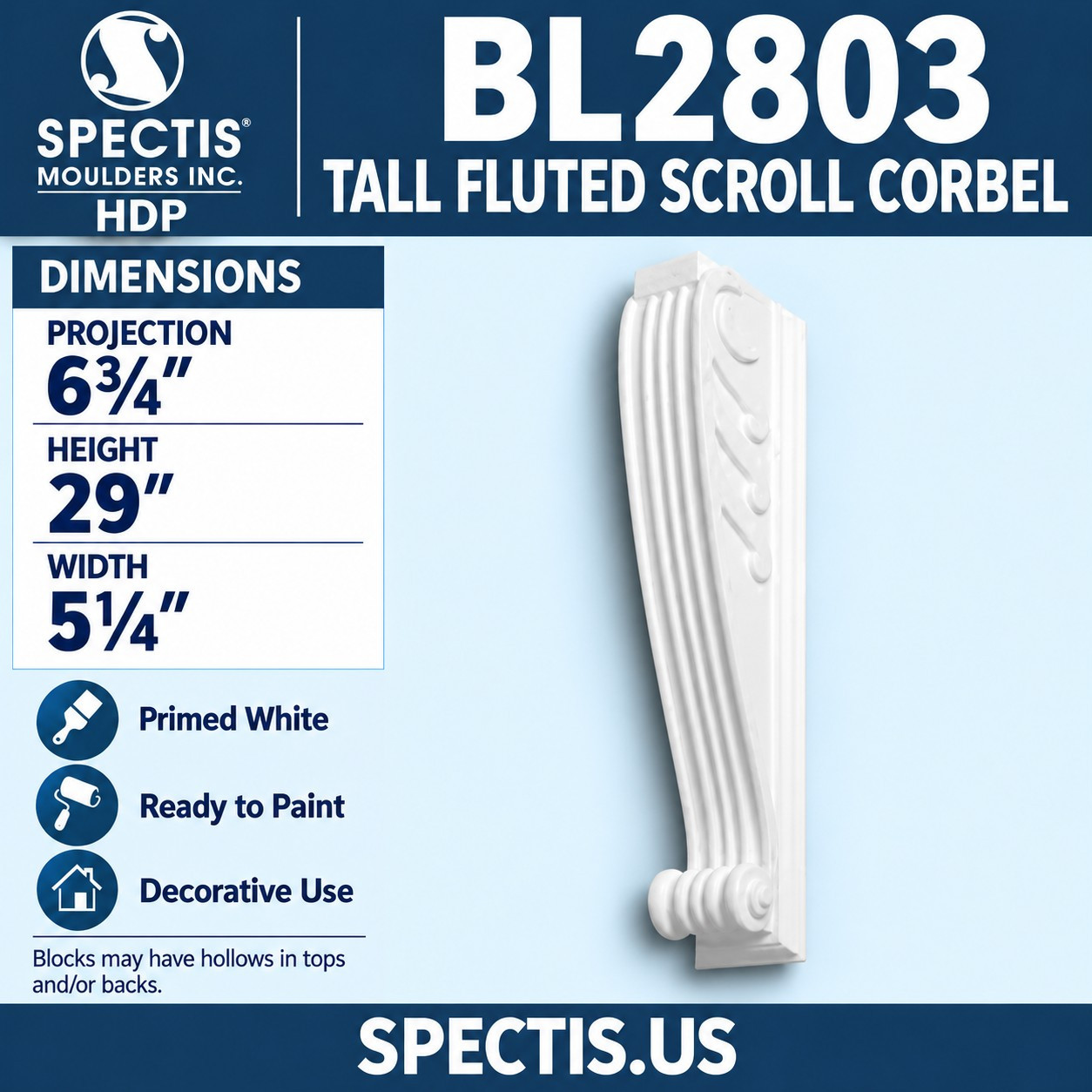 BL2803 Tall Fluted Scroll Corbel 5.25"W x 29"H x 6.75"P