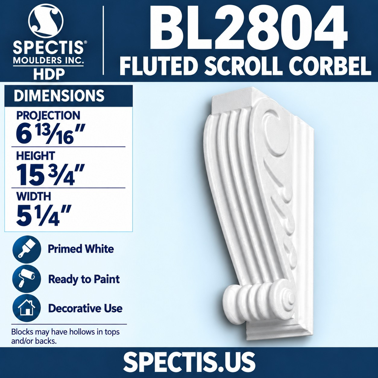BL2804 Fluted Scroll Corbel 5.25"W x 15.75"H x 6.8125"P