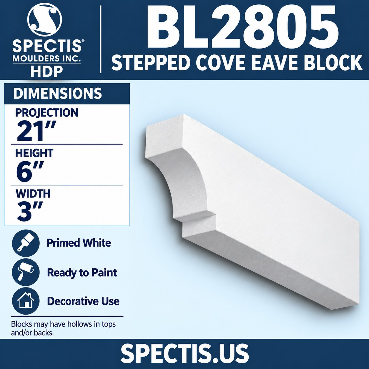 BL2805 Stepped Cove Eave Block 3"W x 6"H x 21"P