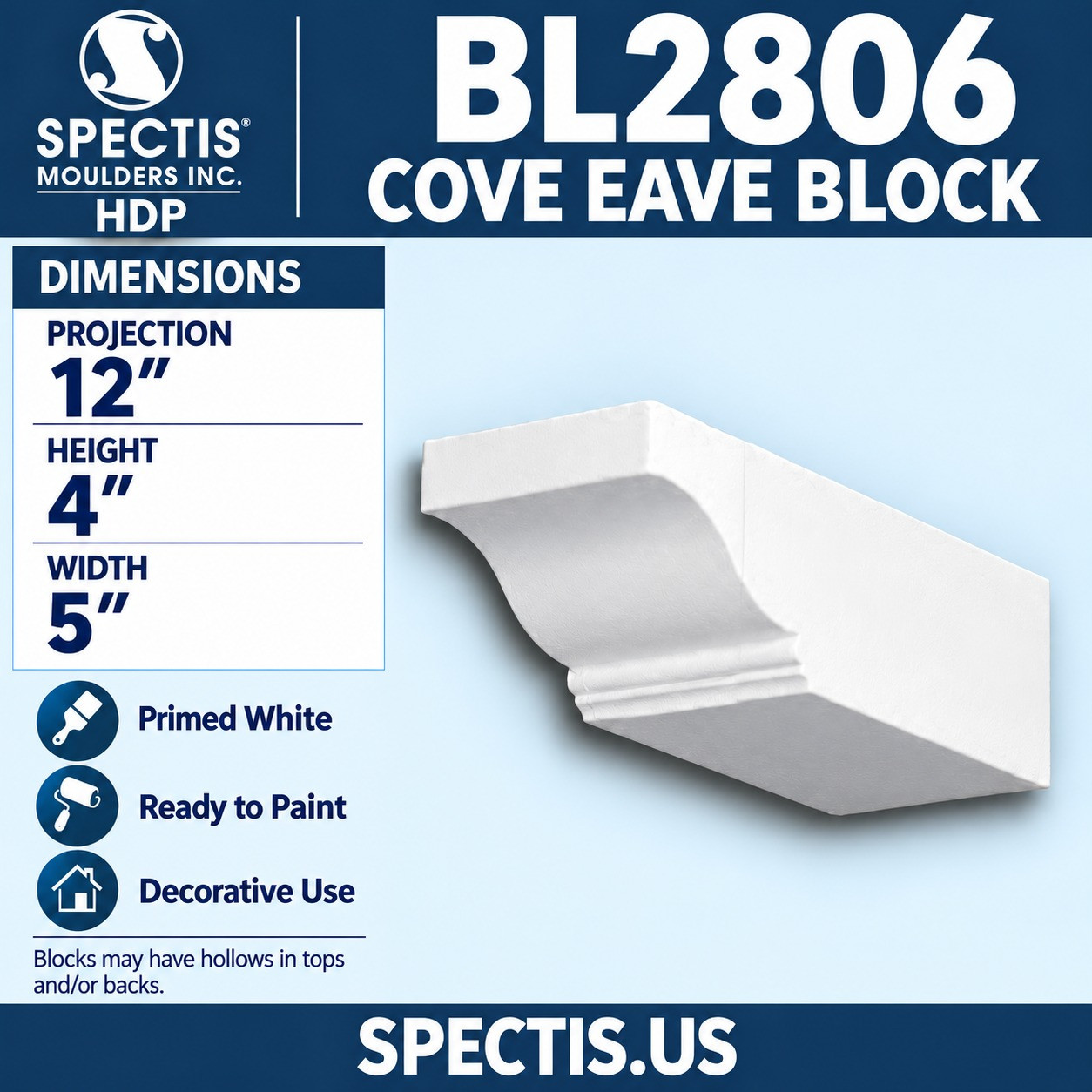 BL2806 Cove Eave Block 5"W x 4"H x 12"P