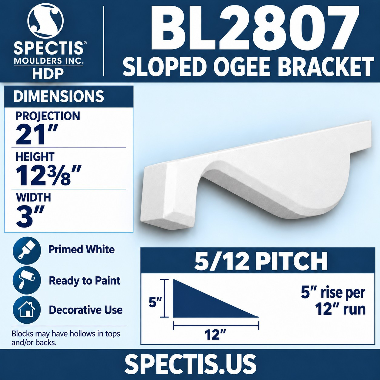BL2807 Sloped Ogee Bracket 5/12 Pitch 3"W x 12.375"H x 21"P