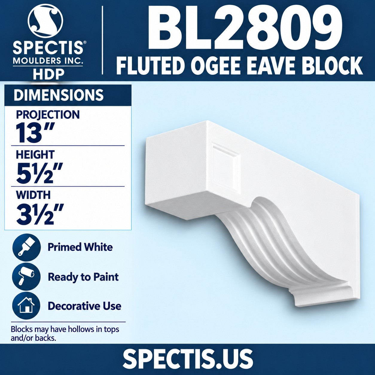 BL2809 Fluted Ogee Eave Block 3.5"W x 5.5"H x 13"P
