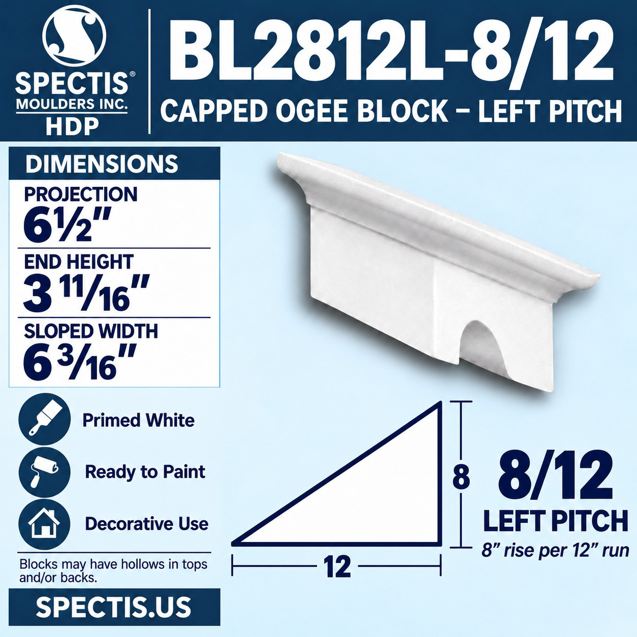 BL2812L-8/12 Capped Ogee Block Left Pitch 6.1875"W x 3.6875"H x 6.5"P