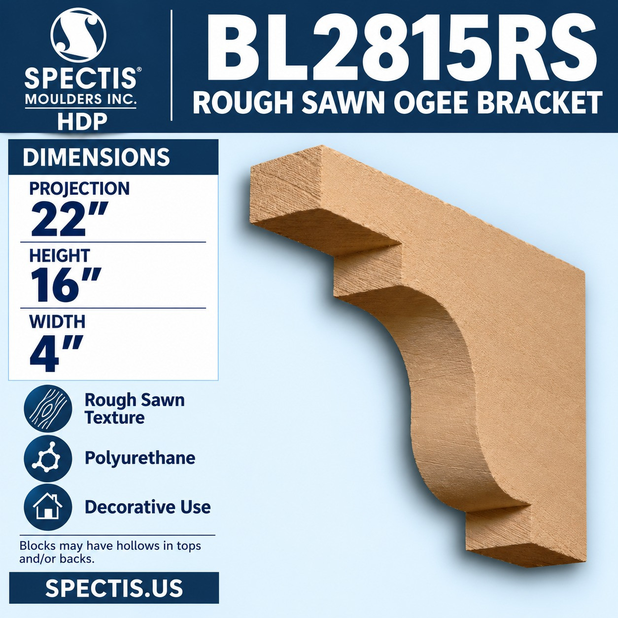 BL2815RS Rough Sawn Ogee Bracket 4"W x 16"H x 22"P