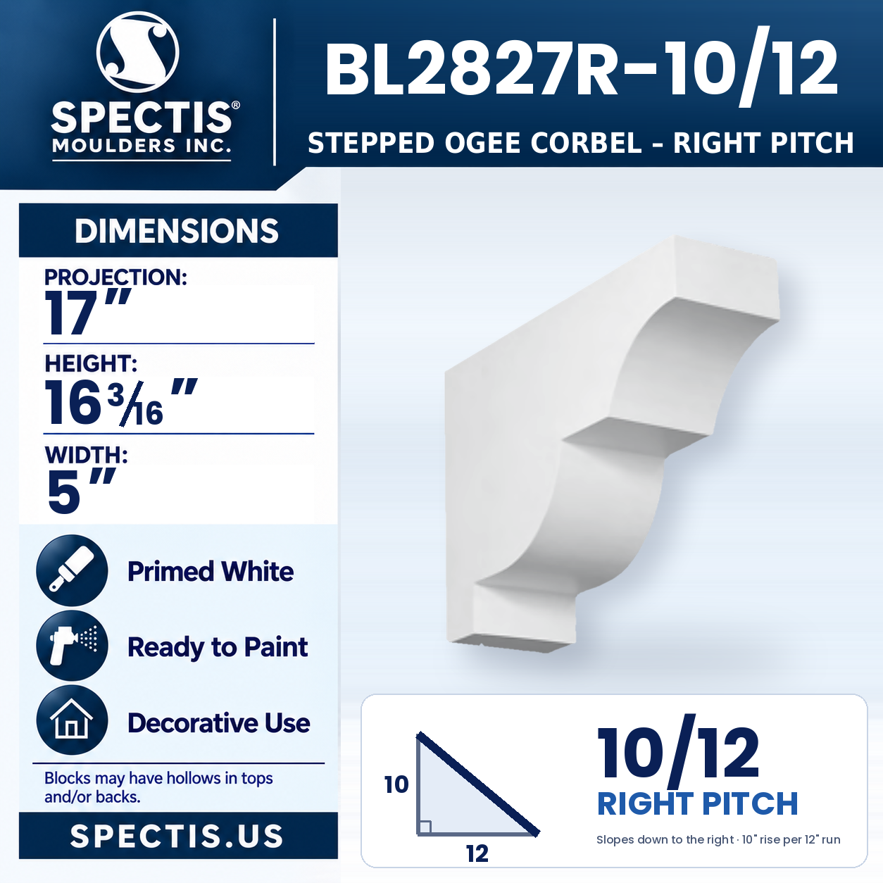 BL2827-10/12 Stepped Ogee Corbel, Left or Right Pitch 5"W x 16.1875"H x 17"P