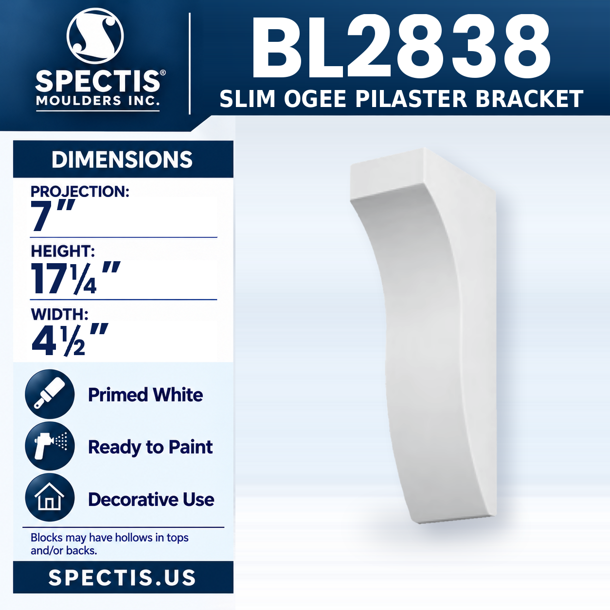 BL2838 Slim Ogee Pilaster Bracket 4.5"W x 17.25"H x 7"P
