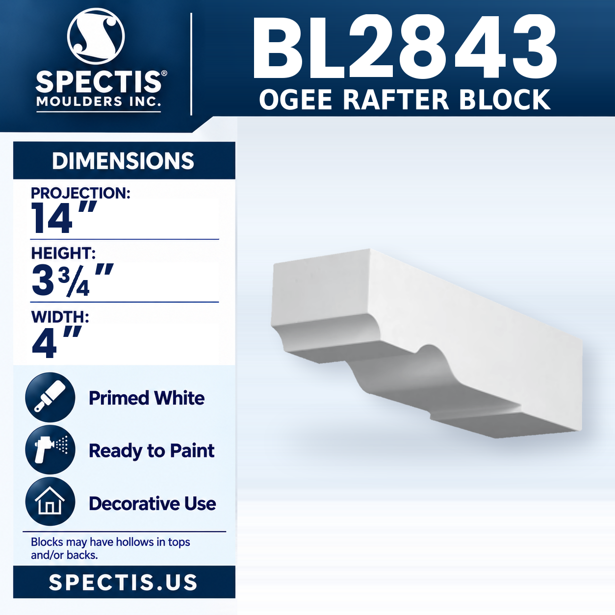 BL2843 Ogee Rafter Block 4"W x 3.75"H x 14"P