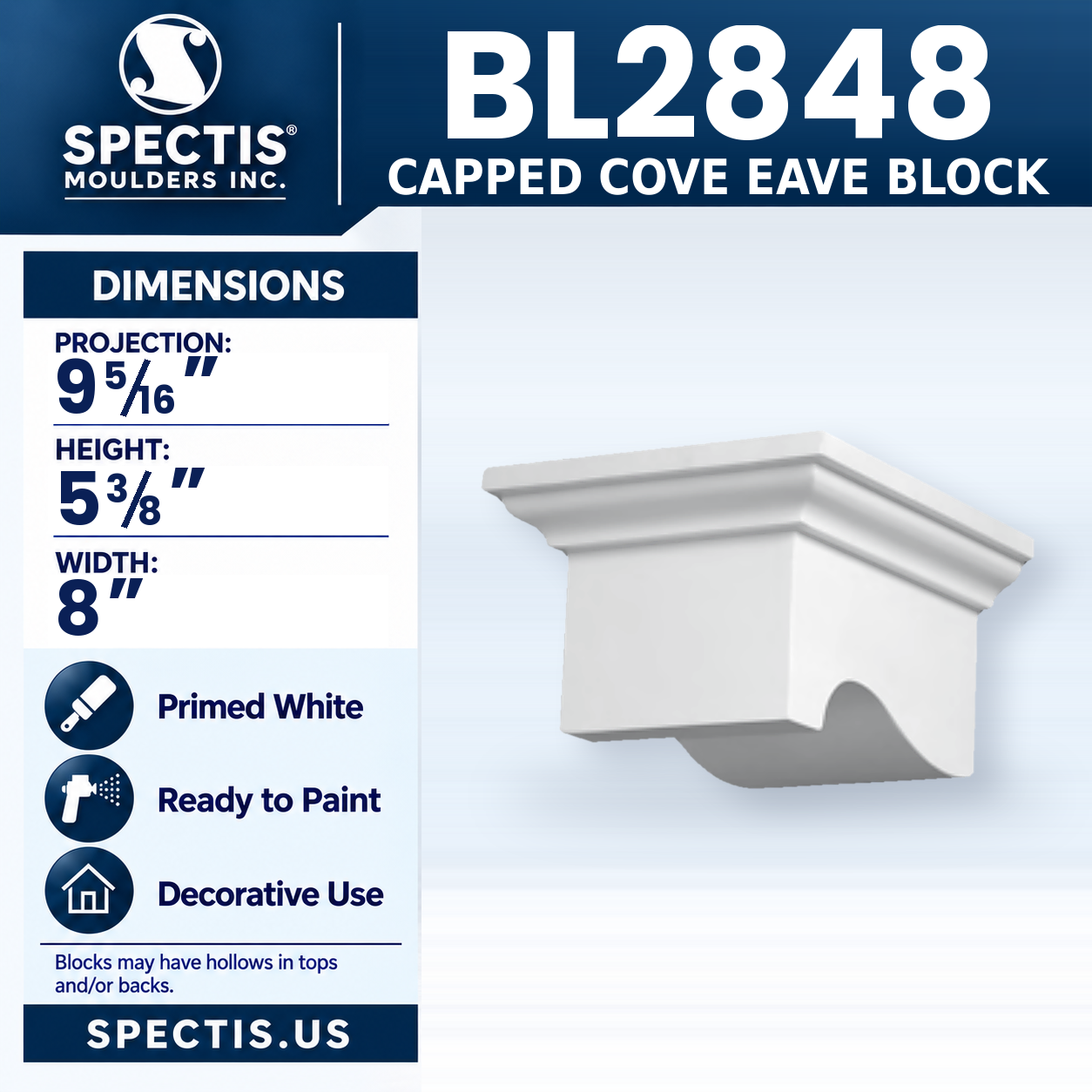 BL2848 Capped Cove Eave Block 8"W x 5.375"H x 9.3125"P