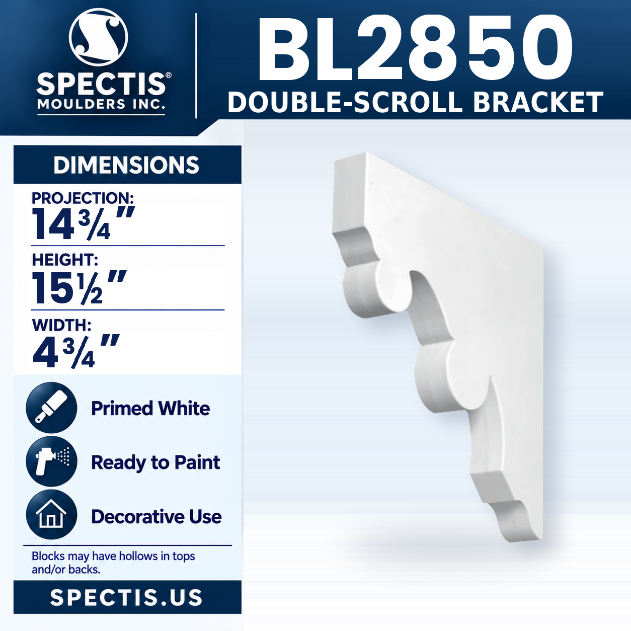 BL2850 Double-Scroll Bracket 4.75"W x 15.5"H x 14.75"P