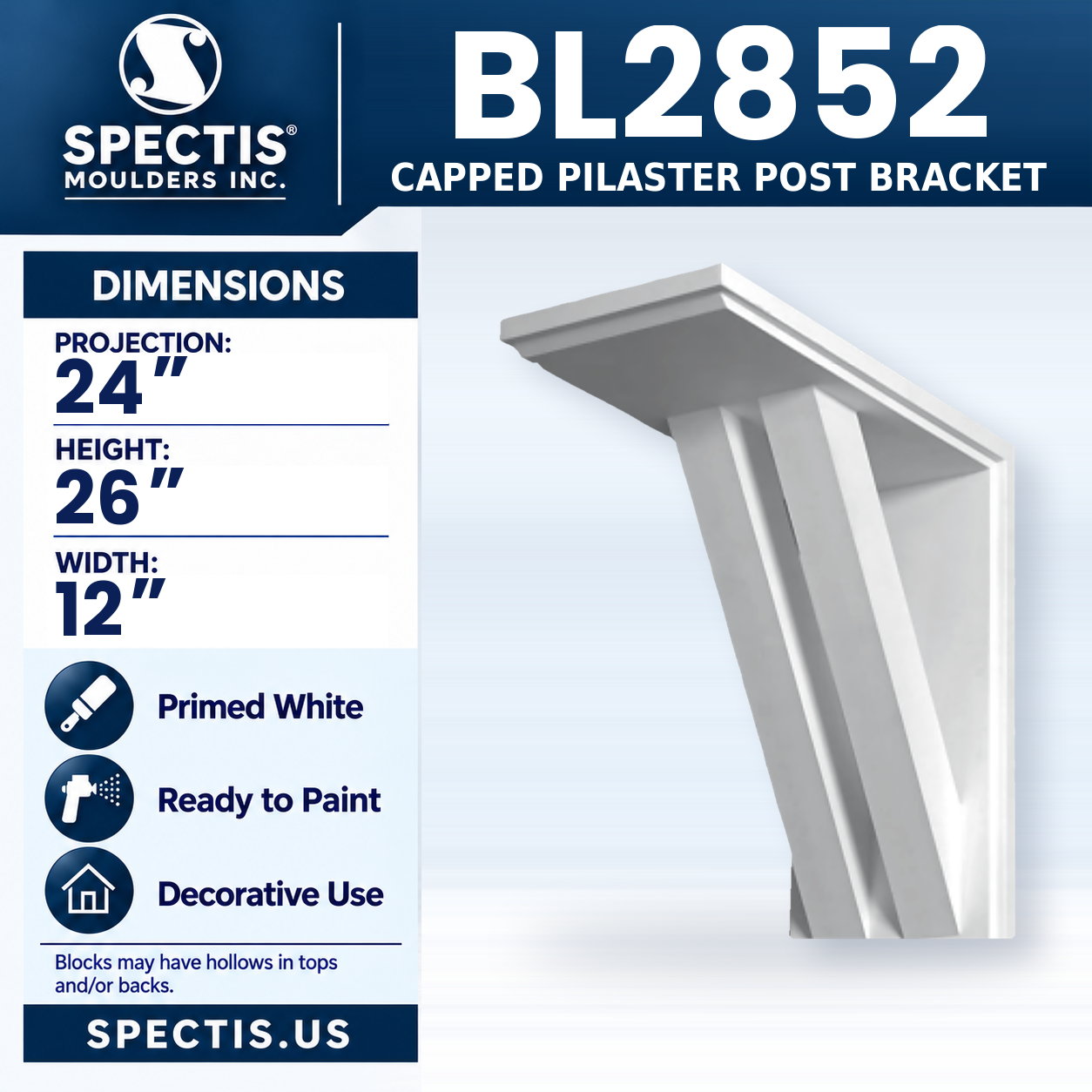 BL2852 Capped Pilaster Post Bracket 12"W x 26"H x 24"P