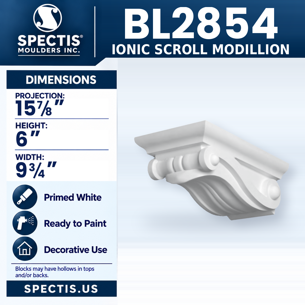 BL2854 Ionic Scroll Modillion 9.75"W x 6"H x 15.875"P