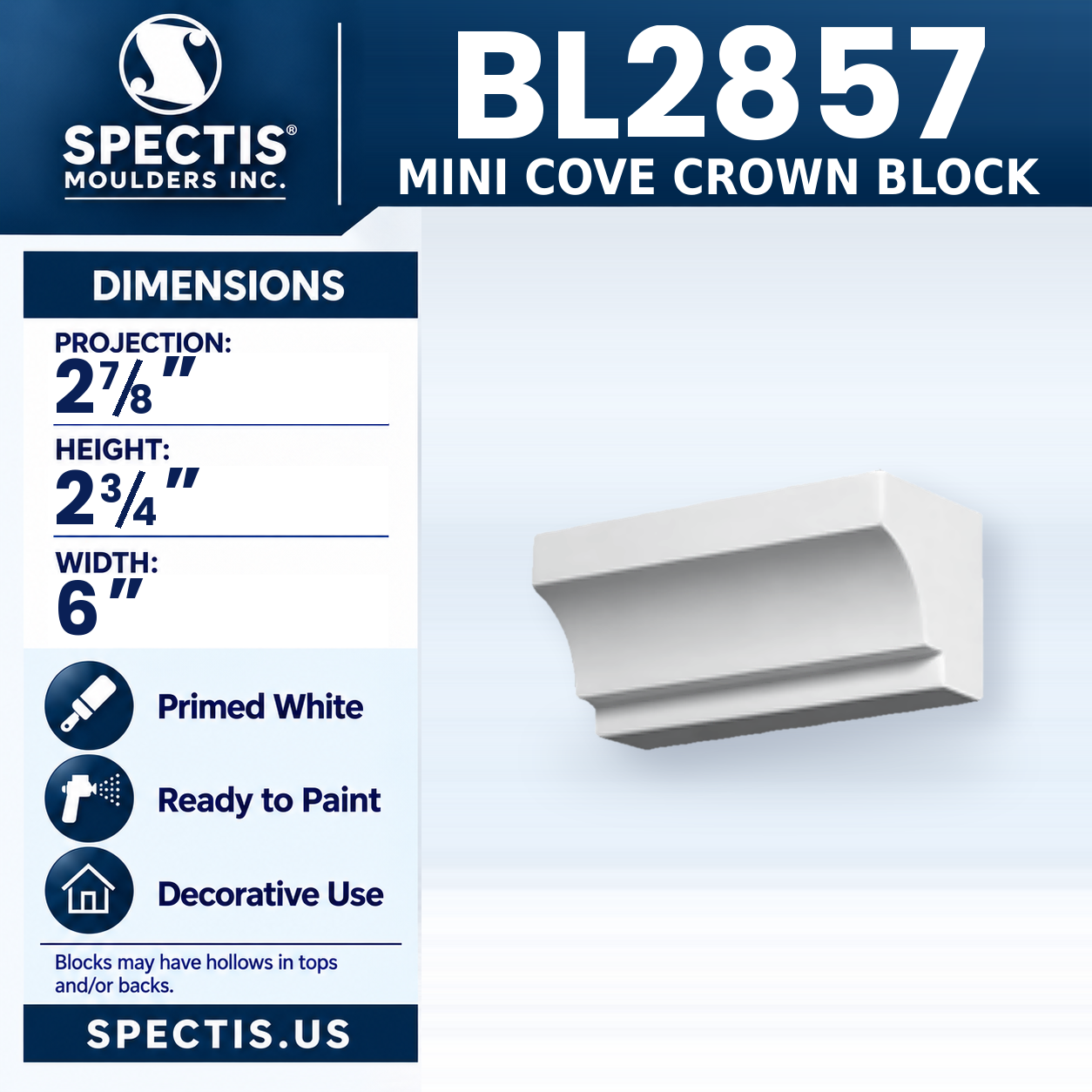 BL2857 Mini Cove Crown Block 6"W x 2.75"H x 2.875"P