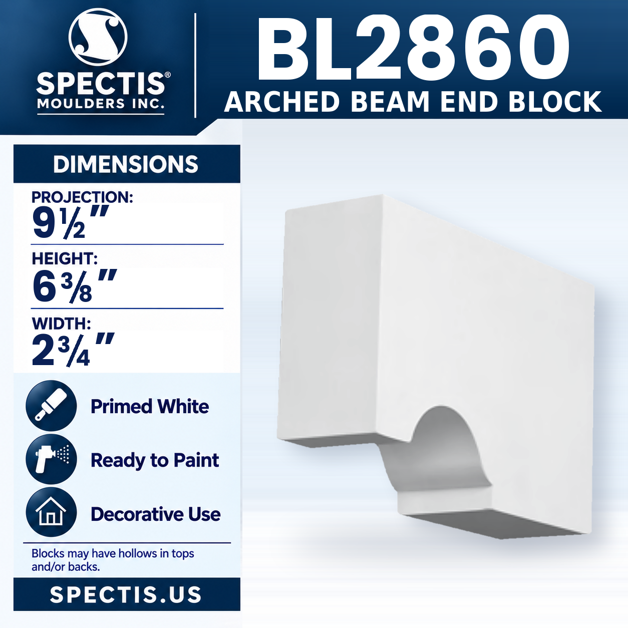BL2860 Arched Beam End Block 2.75"W x 6.375"H x 9.5"P