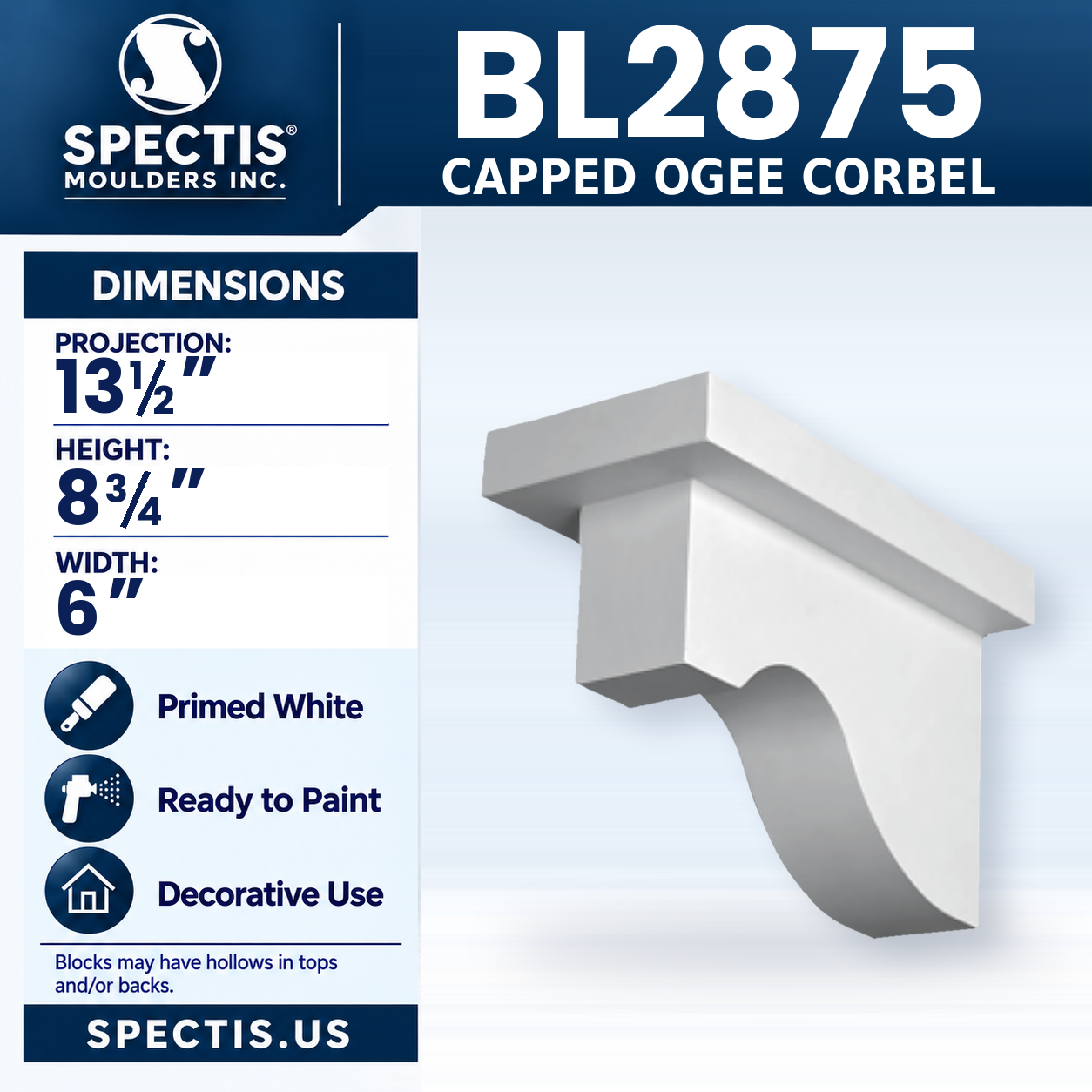 BL2875 Capped Ogee Corbel 6"W x 8.75"H x 13.5"P