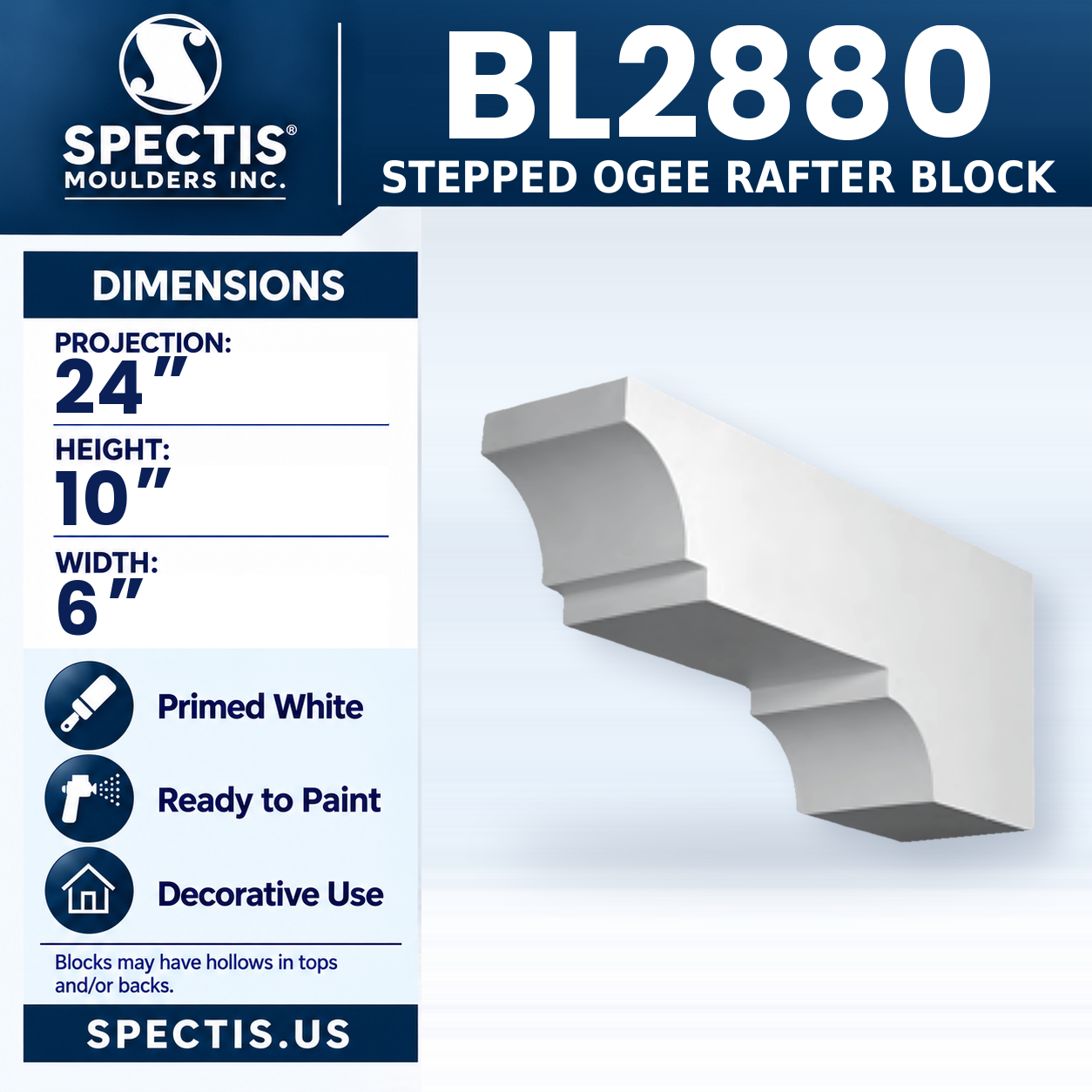BL2880 Stepped Ogee Rafter Block 6"W x 10"H x 24"P
