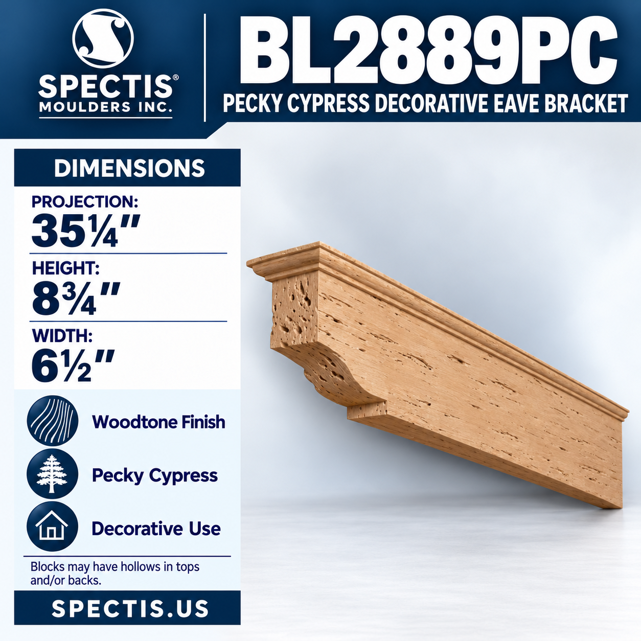 BL2889PC Pecky Cypress Decorative Eave Bracket 6.5"W x 8.75"H x 35.25"P