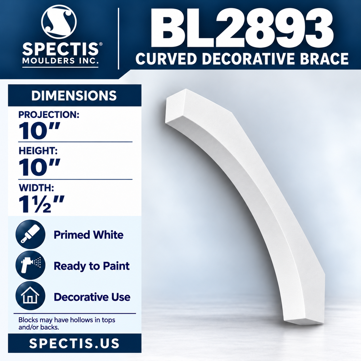 BL2893 Curved Decorative Brace 1.5"W x 10"H x 10"P