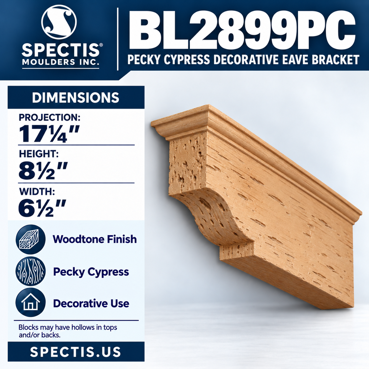 BL2899PC Pecky Cypress Decorative Eave Bracket 6.5"W x 8.5"H x 17.25"P