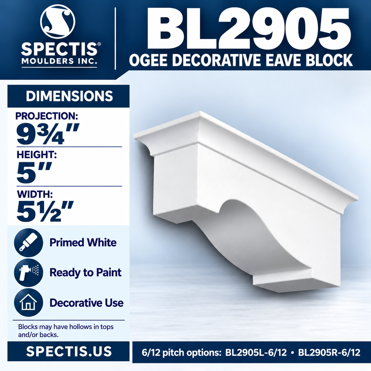 BL2905 Ogee Decorative Eave Block 5.5"W x 5"H x 9.75"P