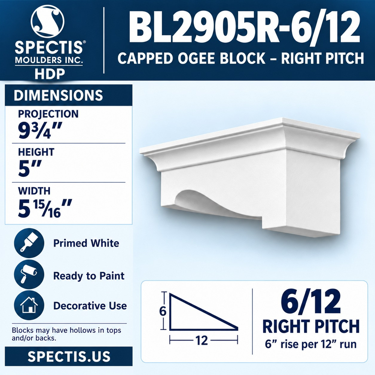 BL2905R-6/12 Capped Ogee Block Right Pitch 5.9375"W x 5"H x 9.75"P