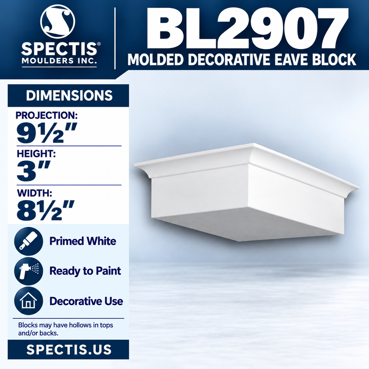 BL2907 Molded Decorative Eave Block 8.5"W x 3"H x 9.5"P