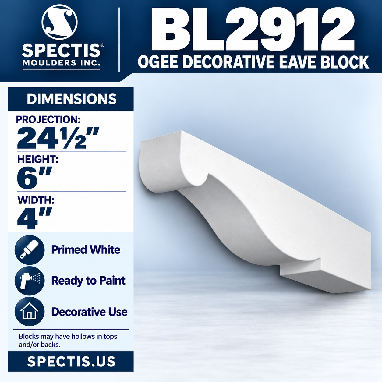 BL2912 Ogee Decorative Eave Block 4"W x 6"H x 24.5"P