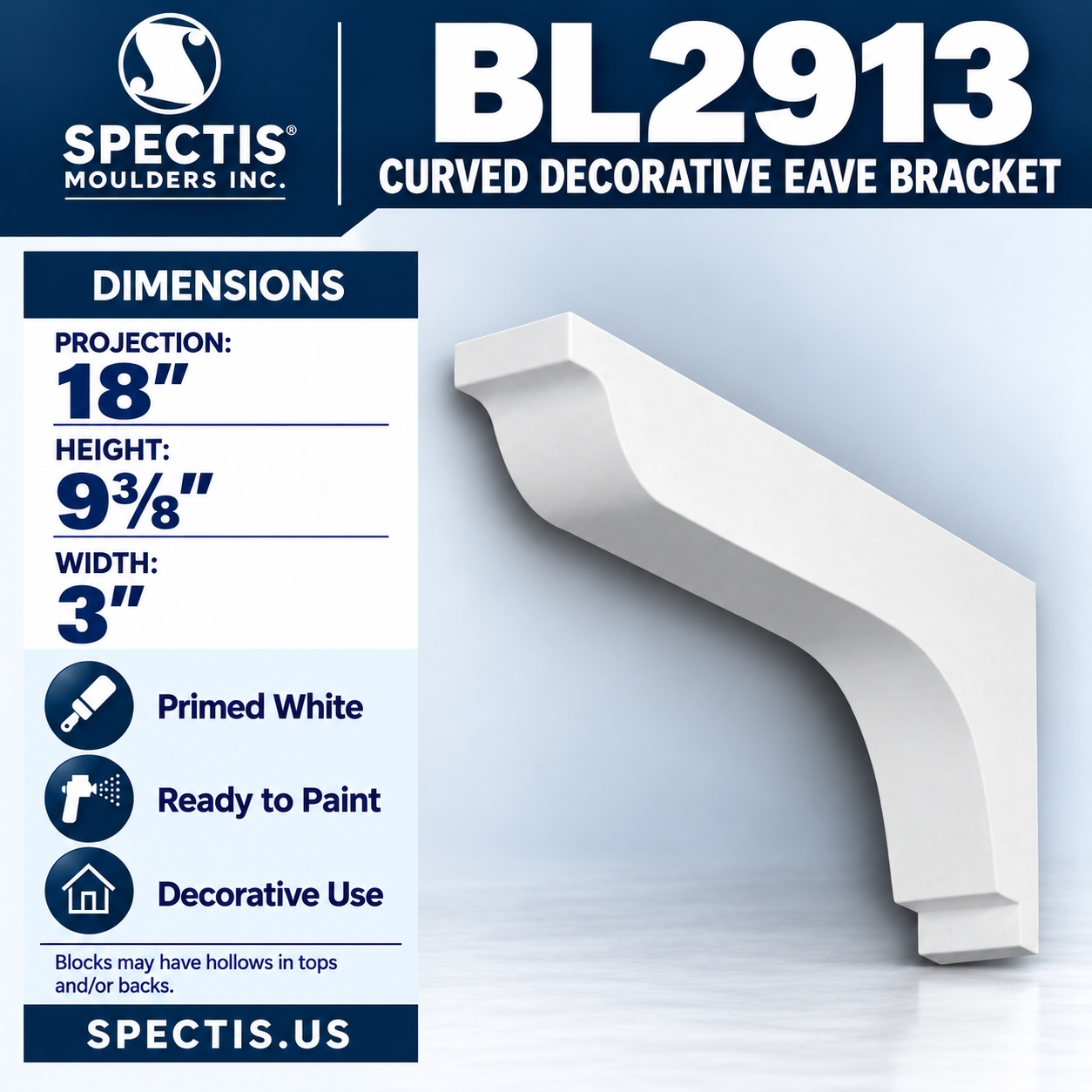 BL2913 Curved Decorative Eave Bracket 3"W x 9.375"H x 18"P