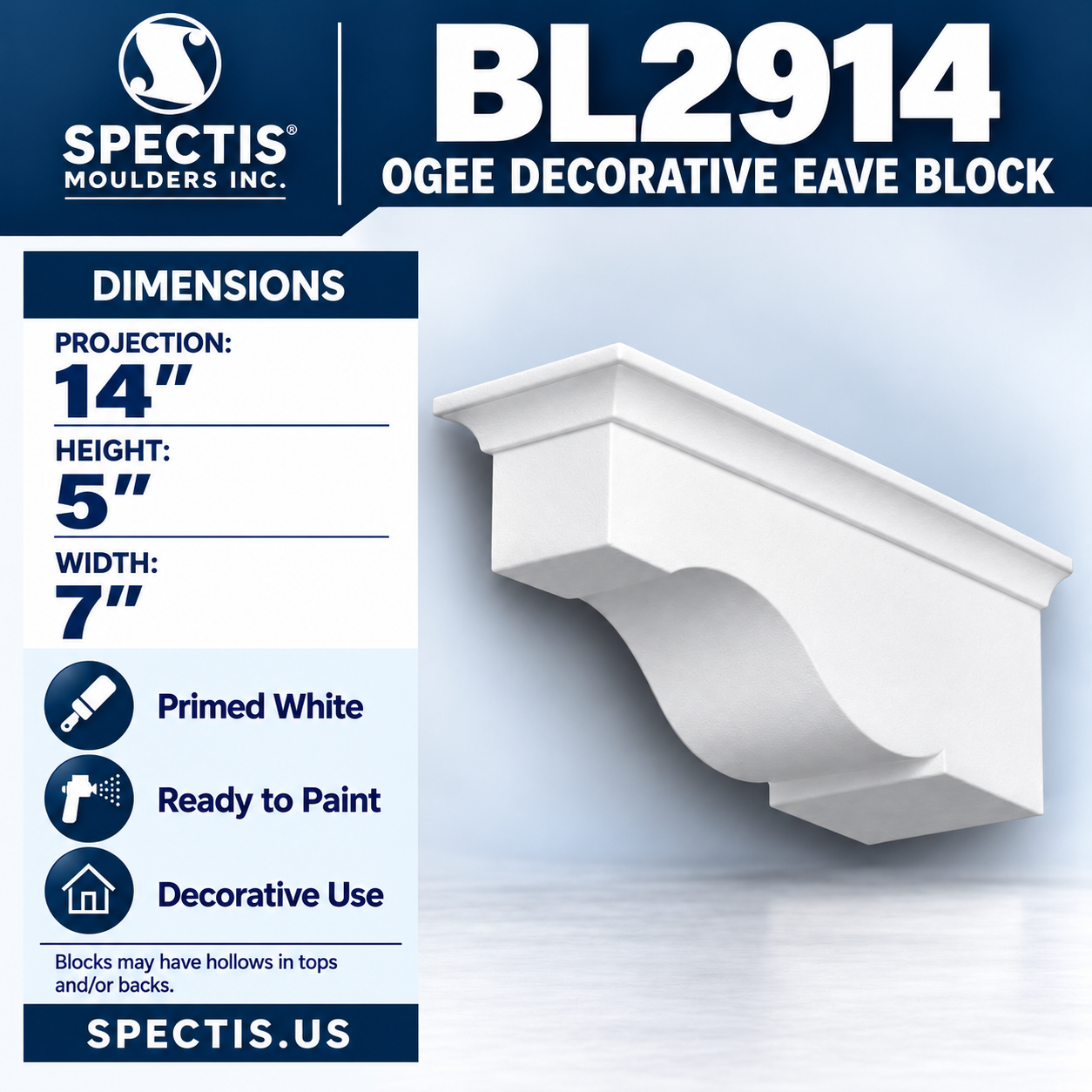 BL2914 Ogee Decorative Eave Block 7"W x 5"H x 14"P