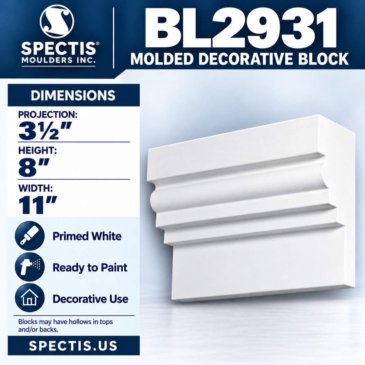 BL2931 Molded Decorative Block 11"W x 8"H x 3.5"P