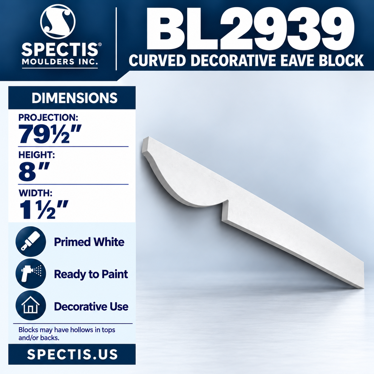 BL2939 Curved Decorative Eave Block 1.5"W x 8"H x 79.5"P