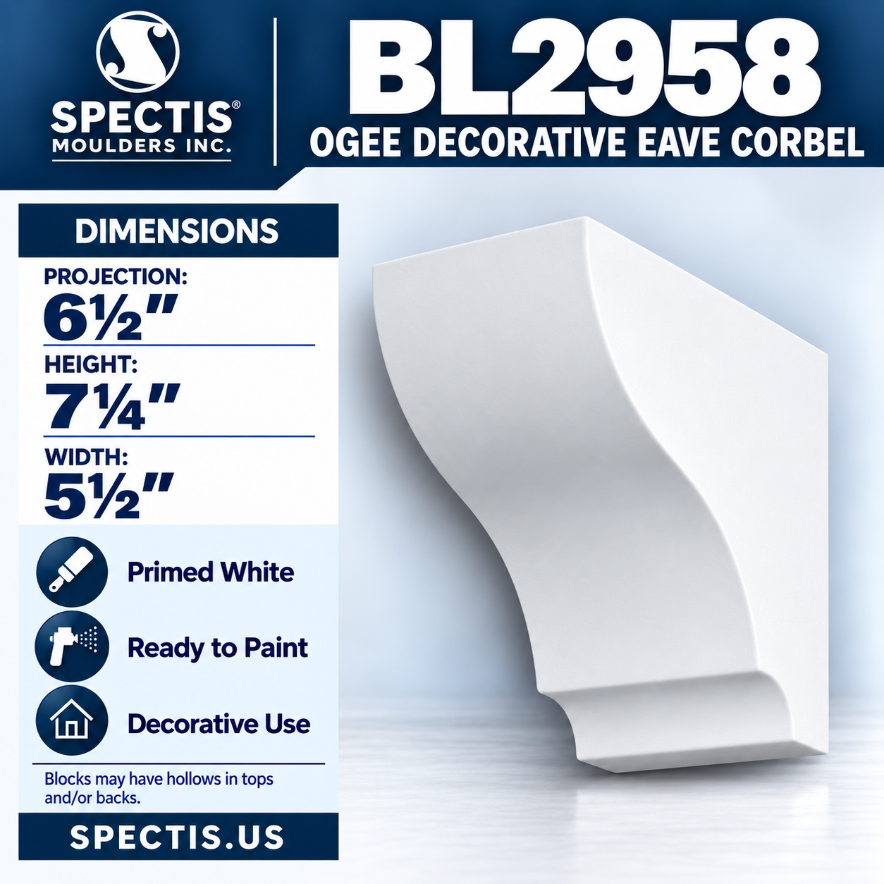 BL2958 Ogee Decorative Eave Corbel 5.5"W x 7.25"H x 6.5"P