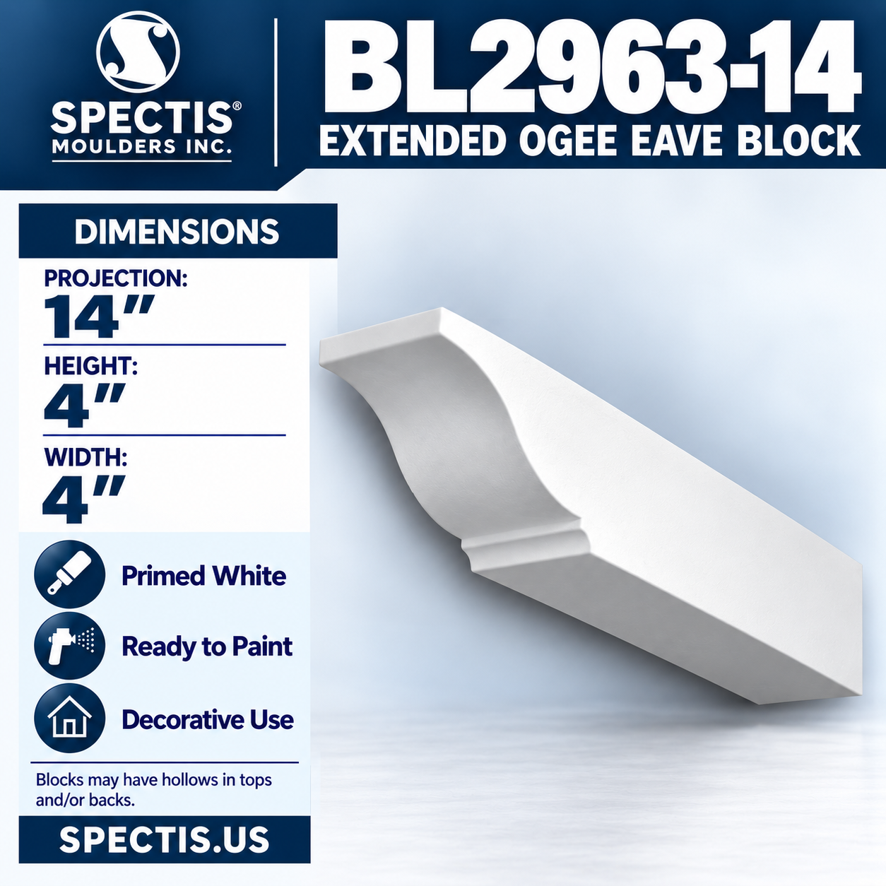 BL2963-14 Extended Ogee Eave Block 4"W x 4"H x 14"P