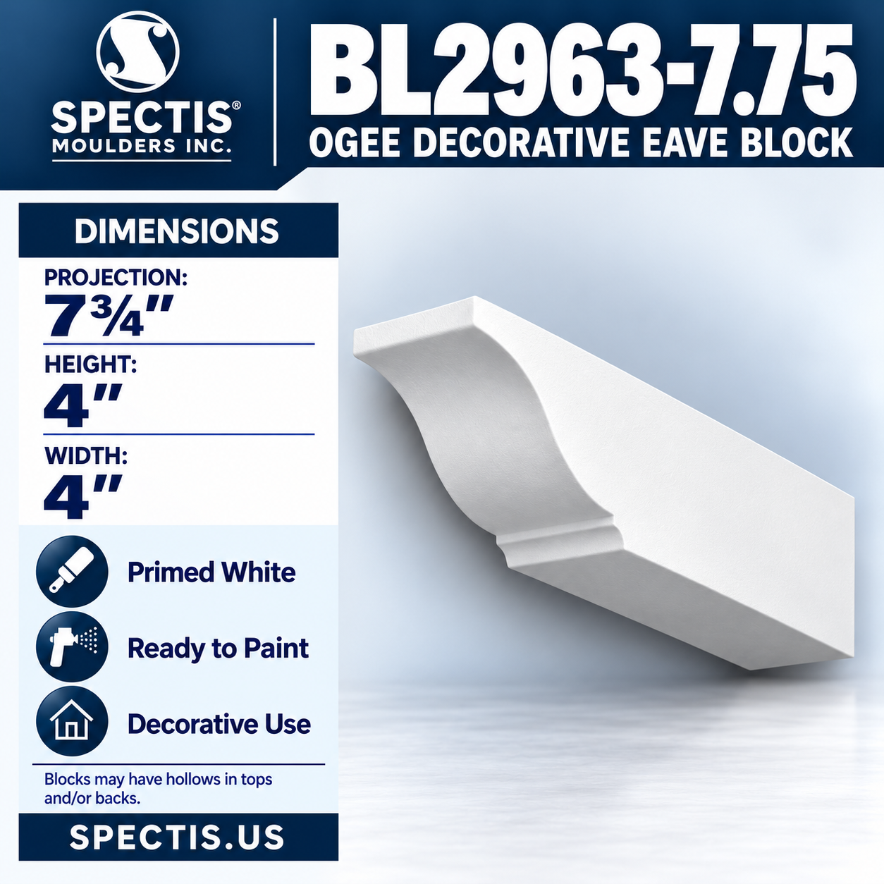 BL2963-7.75 Ogee Decorative Eave Block 4"W x 4"H x 7.75"P