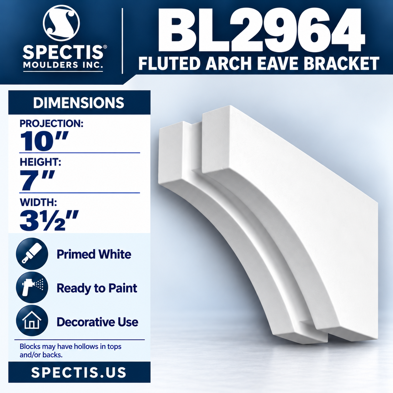 BL2964 Fluted Arch Eave Bracket 3.5"W x 7"H x 10"P