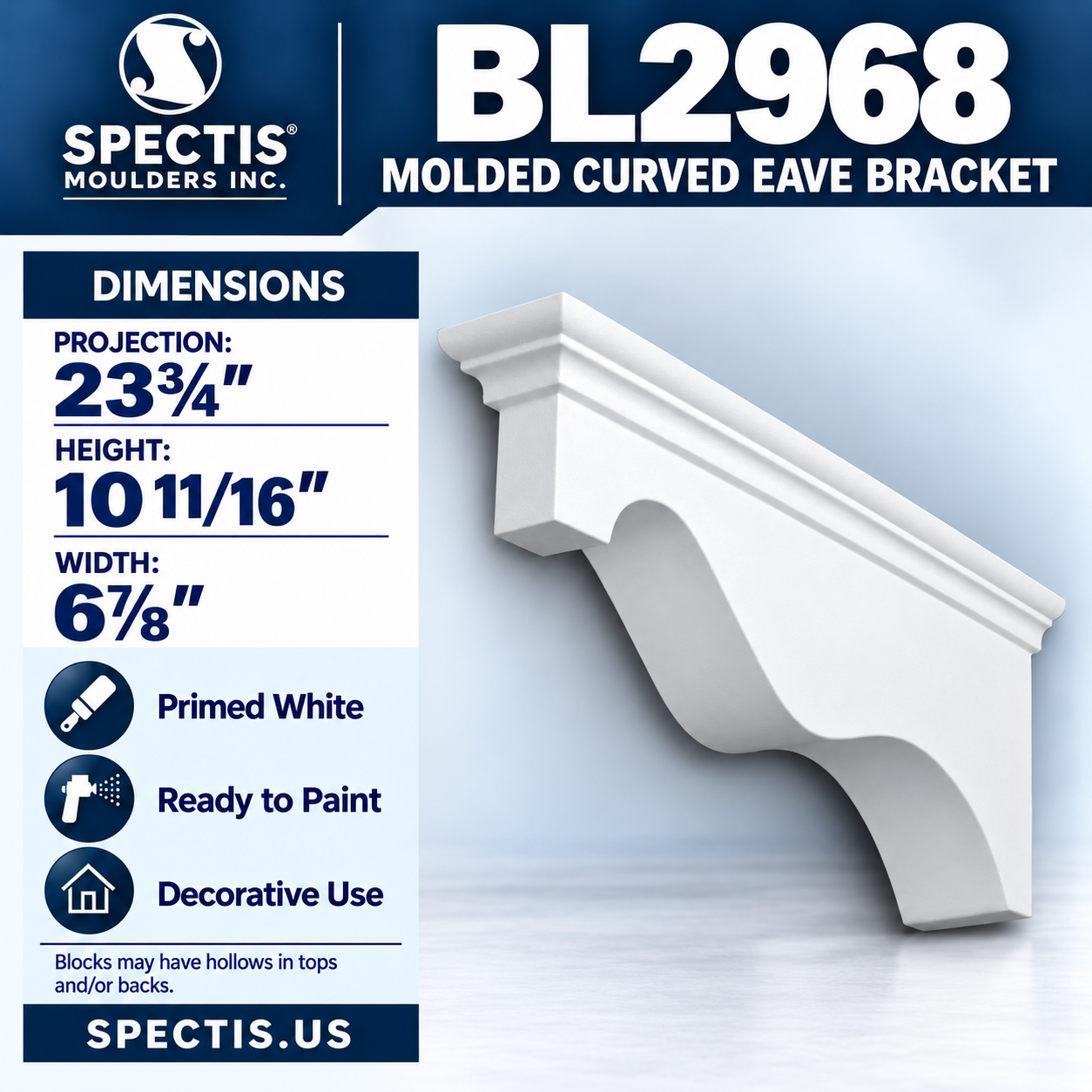 BL2968 Molded Curved Eave Bracket 6.875"W x 10.6875"H x 23.75"P